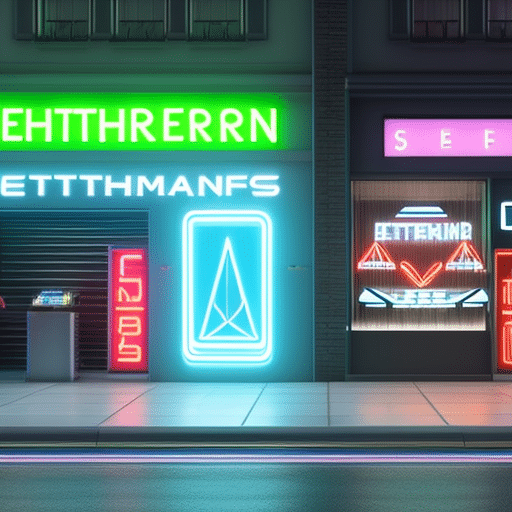 An image showcasing a sleek, modern storefront with a prominent neon sign displaying the Ethereum logo