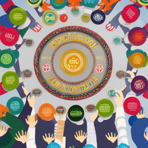 An image of a diverse group of hands holding out colorful coin-filled jars, surrounded by vibrant charity logos, showcasing the step-by-step process of donating coins to charity