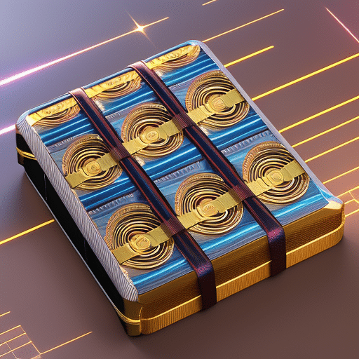 An image showcasing a beautifully wrapped gift box adorned with holographic ribbons, containing a sleek cryptocurrency hardware wallet nestled amidst a bed of shimmering digital coins