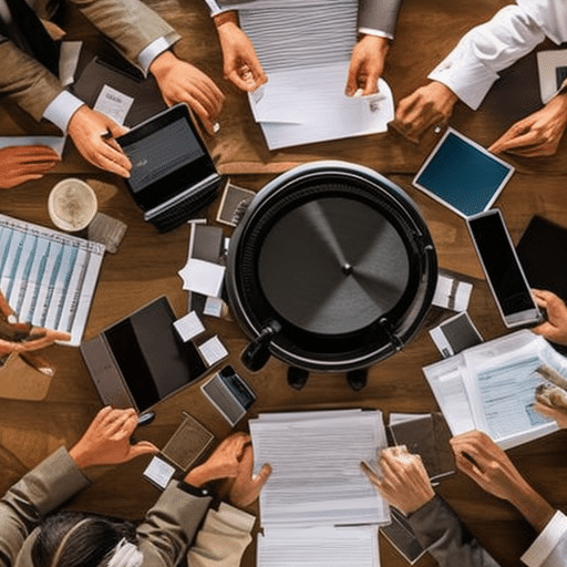 An image depicting a diverse group of individuals engaged in a discussion at a round table, surrounded by stacks of paper, calculators, and open tax forms, symbolizing the complexities of navigating donations and taxes