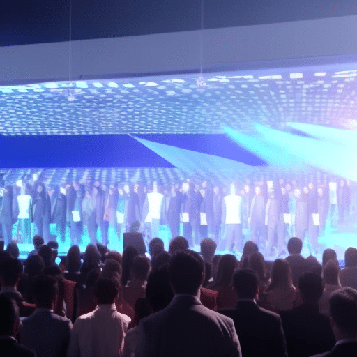 An image showcasing a dynamic crowd gathered around a futuristic holographic display of digital currencies, while a charismatic speaker captivates the audience during a crypto fundraiser