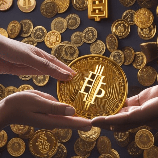 An image showcasing a pair of secure hands, gently passing a shining golden key adorned with various cryptocurrency symbols to another pair of hands, symbolizing the safe and secure gifting of cryptocurrency