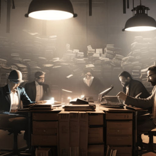 An image depicting a dimly lit room with shadowy figures huddled around a table cluttered with outdated computers and stacks of questionable documents, symbolizing the pitfalls of seeking crypto advice from unreliable sources