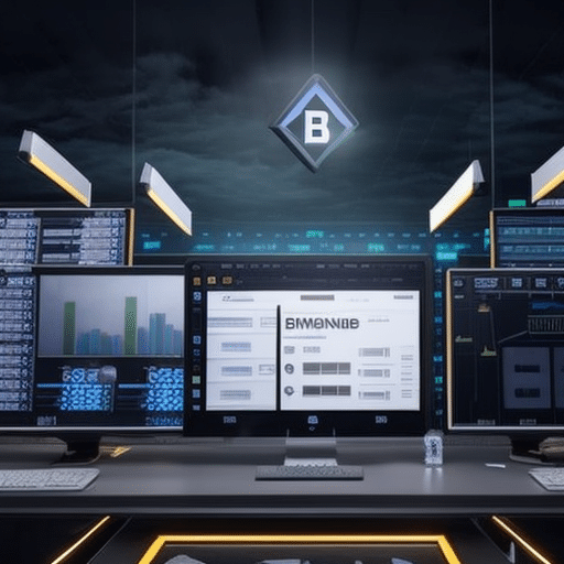 An image that captures the intensity of a money laundering probe, depicting a dimly lit room filled with investigators, scrutinizing documents and computer screens, while a dark cloud hovers above Binance's logo in the background