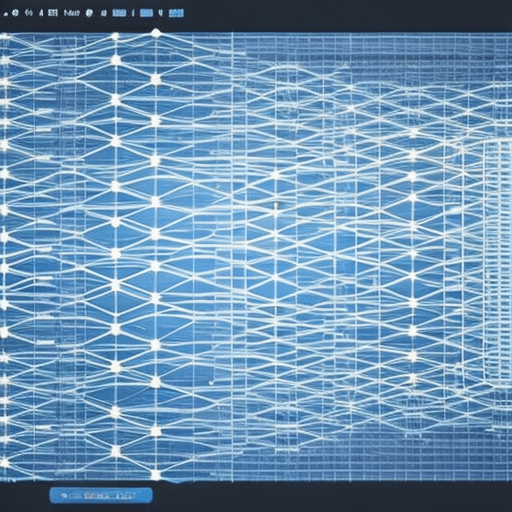 An image showcasing a virtual network of interconnected nodes representing Bitcoin transactions, with each node displaying transaction details, transaction amounts, sender and recipient addresses, and transaction timestamps