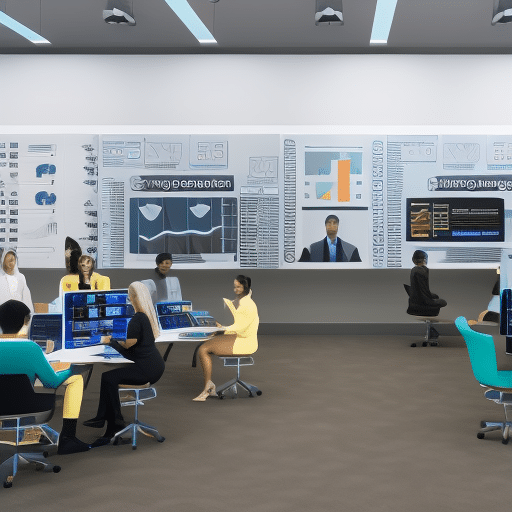 An image depicting a diverse group of individuals engaged in a collaborative learning environment, surrounded by blockchain-inspired technology and charts illustrating their collective efforts towards social impact