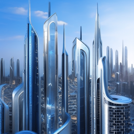 An image showcasing a futuristic cityscape, bustling with transparent, interconnected buildings