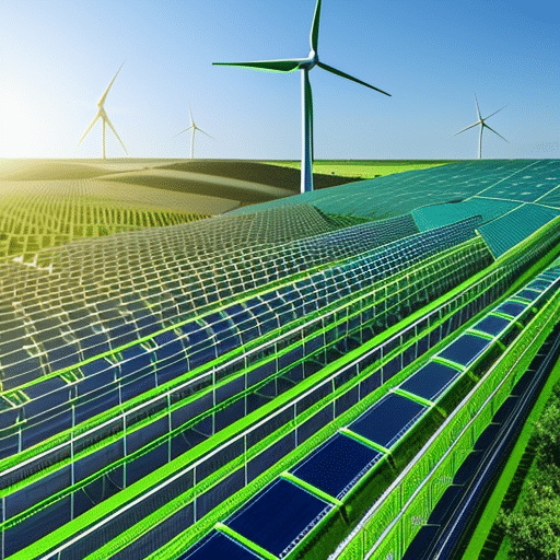 An image showcasing a vivid, interconnected network of greenhouses, solar panels, wind turbines, and electric vehicles, all seamlessly linked by a blockchain, symbolizing the transformative power of blockchain technology in revolutionizing sustainable business practices