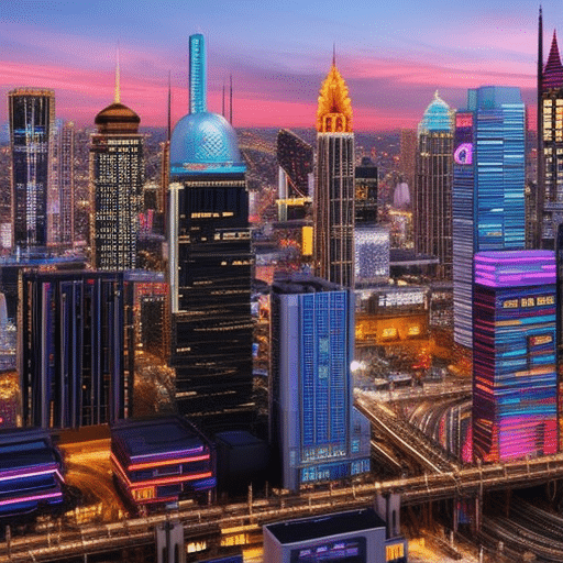 An image showcasing a bustling cityscape with vibrant skyscrapers, where neon signs of various businesses illuminate the streets