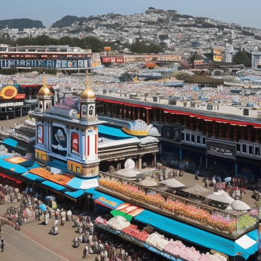 an image of a bustling marketplace, adorned with vibrant digital billboards showcasing logos of various charity cryptos