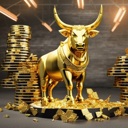 An image showcasing a shattered golden bull statue, symbolizing the crumbling dominance of crypto tycoons