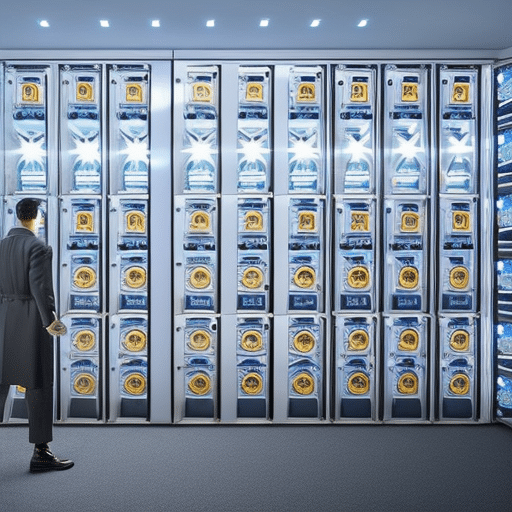 An image of a vigilant figure guarding a virtual vault filled with various cryptocurrencies, surrounded by a sea of scammers wearing masks, trying to break in, with caution signs and firewalls protecting the vault