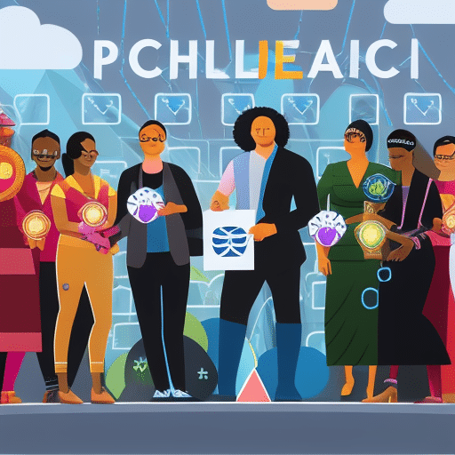 An image showcasing a diverse group of individuals joyfully donating to various causes using cryptocurrency, with colorful blockchain symbols in the background and a prominent digital wallet interface