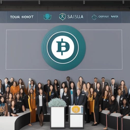 An image showcasing a diverse group of people donating crypto to a nonprofit organization, with the organization's logo displayed on a digital screen