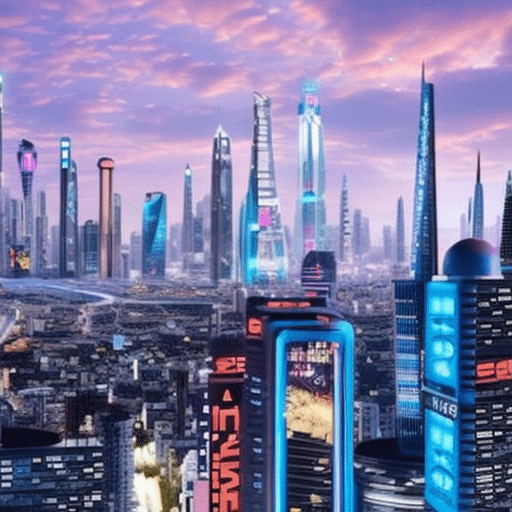 An image showcasing a futuristic cityscape, with towering buildings adorned with digital billboards displaying various cryptocurrencies