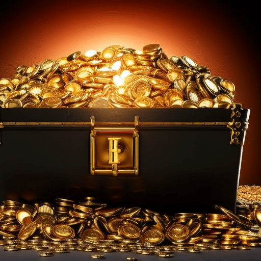 An image of a golden treasure chest overflowing with various cryptocurrencies, surrounded by shadowy figures representing potential risks, and a bright beam of light symbolizing the potential riches that await