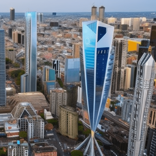 An image showcasing a bustling cityscape transformed by cryptocurrency, with a diverse range of businesses accepting digital payments, decentralized exchange platforms, and transparent transactions, symbolizing the 9 key advantages of this technological revolution