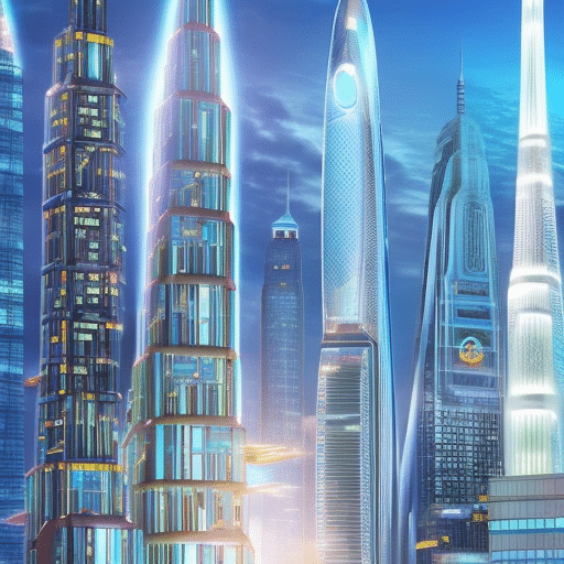 An image showcasing a futuristic cityscape with soaring skyscrapers adorned with vibrant holographic billboards, as hovercars zip through the air and digital currencies seamlessly flow through virtual networks