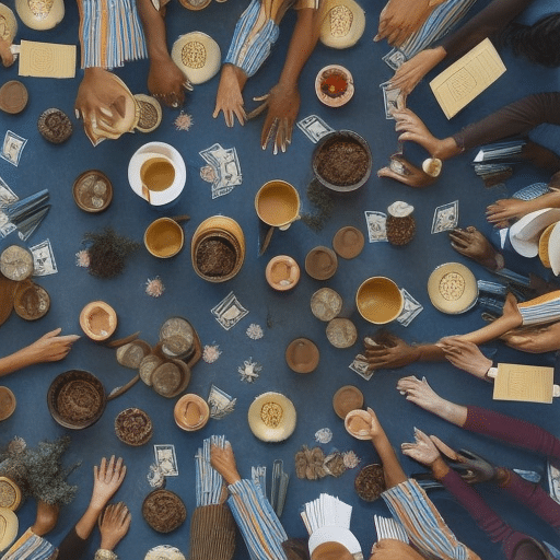 An image showcasing a diverse group of individuals, each with outstretched hands, offering various objects like money, books, and food, symbolizing their generosity