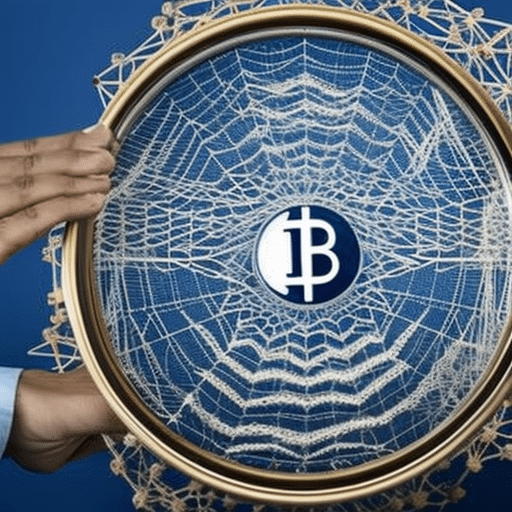 An image showcasing a pair of hands holding a magnifying glass, revealing intricate details of a tangled web of cryptocurrency transactions, symbolizing IFW Global's relentless pursuit of uncovering and recovering cryptocurrency scams