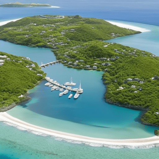 An image showcasing an idyllic island surrounded by crystal-clear waters and lush greenery