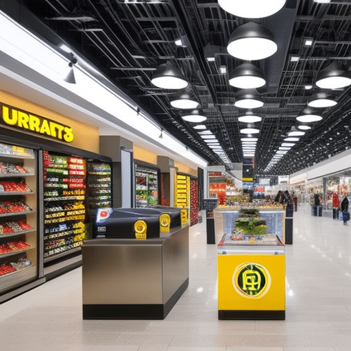 An image showcasing a vibrant shopping mall with iconic retailers like Walmart, Target, and Starbucks, adorned with Bitcoin logos