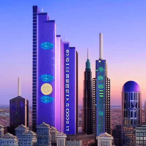 An image showcasing a vibrant, futuristic city skyline at dusk, with the March of Dimes logo prominently displayed on a towering building, while holographic cryptocurrency symbols float gracefully in the air