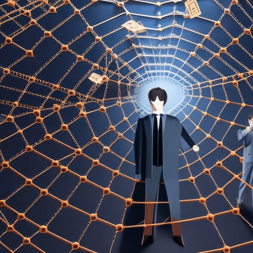 An image that showcases a person holding a wallet, surrounded by a web of shadowy figures with outstretched hands, symbolizing the danger of sharing your wallet address in the crypto world