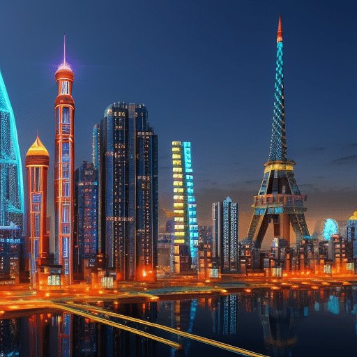 An image showcasing a futuristic city skyline with buildings made of digital currency symbols, intertwining with vibrant, illuminated pathways representing seamless and secure crypto payments