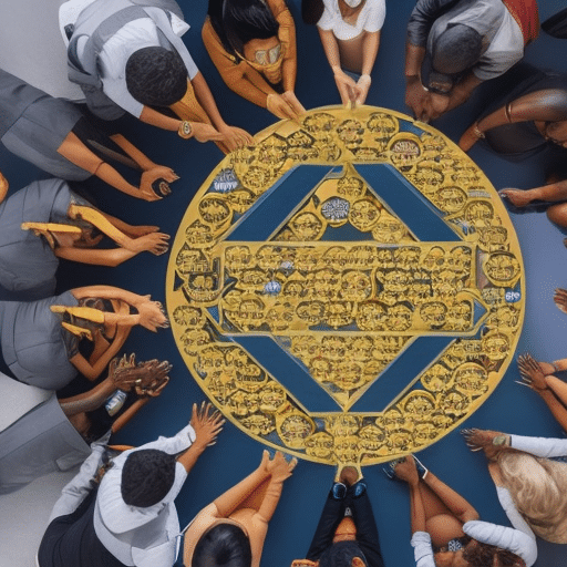 An image showcasing a diverse group of individuals, each holding a different cryptocurrency symbol, as they unite to form a colossal puzzle piece that represents the transformative power of crypto donations in revolutionizing philanthropy