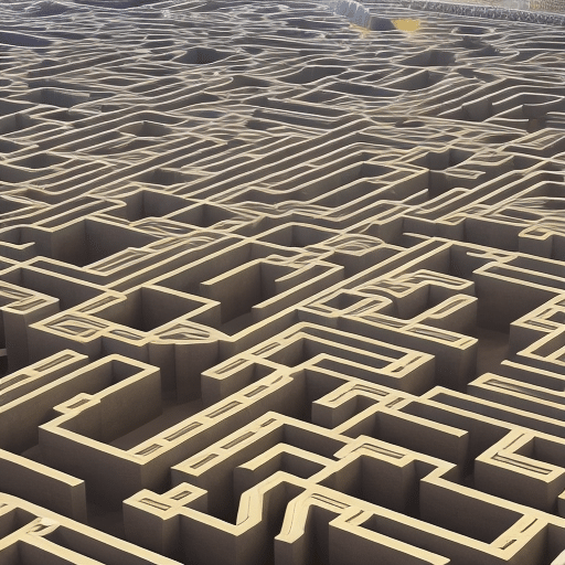 An image capturing a labyrinth-like maze filled with various cryptocurrencies, where investors navigate through diverse routes, exploring unconventional opportunities