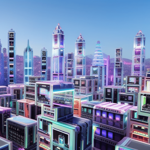 An image showcasing a vibrant, futuristic cityscape, adorned with holographic gift boxes floating in the air