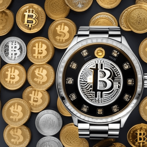 An image showcasing a sleek, futuristic crypto-themed smartwatch adorned with a Bitcoin symbol on the dial, surrounded by a stack of golden, shimmering physical Bitcoin coins and a pair of stylish, engraved cufflinks featuring crypto symbols