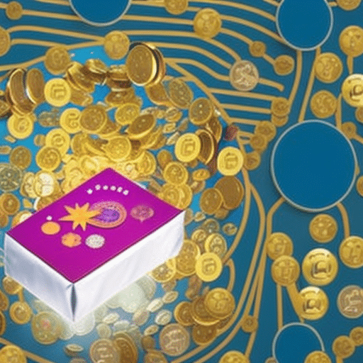 An image showcasing a joyful person handing a beautifully wrapped gift box, bursting with vibrant colors, while surrounded by floating digital coins and symbols representing various cryptocurrencies