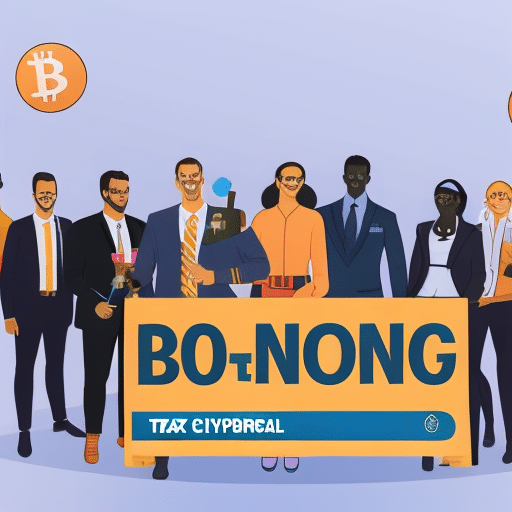 An image showcasing a diverse group of people happily donating Bitcoin and various cryptocurrencies to charity, with a backdrop of a colorful chart illustrating the potential tax benefits